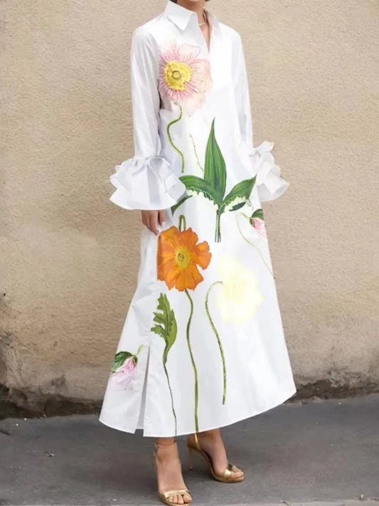 Womens Flower Printed Shirts Dress Elengant 2025 Fall Summer Spring Party Prom Wedding White Dresses Clothing for Woman