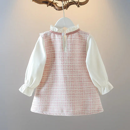 Spring And Autumn New Fake Two Piece Baby Girl Dress, Sweet Bow Grid Children'S Long Sleeve Clothes For 9 Months To 3 Years Old