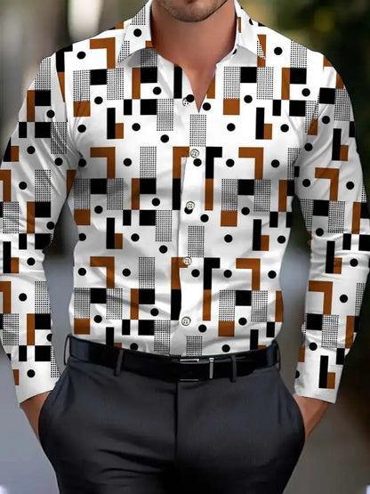 Men's shirt regular lapel shirt men's 3d printing triangle geometric printing casual street long sleeve fashion printed shirt