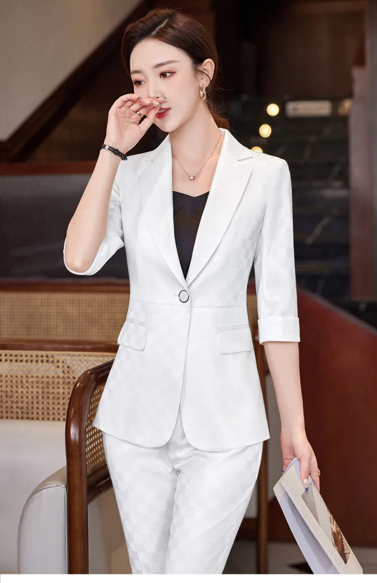 Summer Pants Sets For Women 2 Piece Set Half Sleeve Blazer &Trousers Suit Gray White Hight Quality Chic Elegant Business Outfit