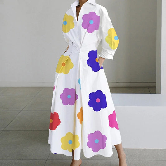 Fashion Dress Women Spring New Long Sleeve Turn-down Collar High Waist Print Button Elegant Big Hem Loose Commute Female Dress