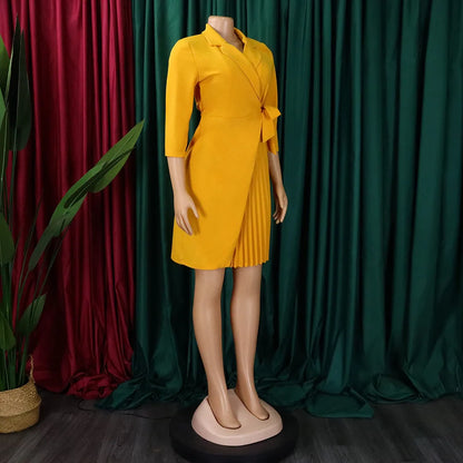 FairyShely 2025 Summer Solid Plus Size Folds Dress Women Long Sleeve Large Big Dresses Lady Belt Party Tight Curvy Short Dress