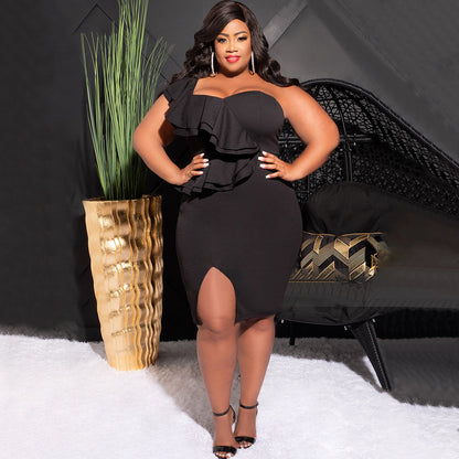 CM.YAYA Plus Size Women Ruffles Shoulder Sleeveless Bodycon Midi Dress 2023 Fashion INS Curve Sexy Party Club Dresses Vestidos