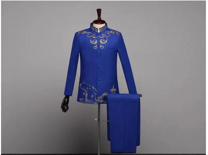 New Men Standing Collar Embroidered Suit 2 Piece Fashion Male Business Social Wedding Prom Stage Performance Dress Blazer Pant