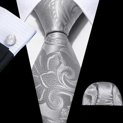 Barry.Wang Black White Gray Silver Silk Men Tie Handkerchief Cufflinks Set Jacquard Necktie for Male Wedding Business Party Gift