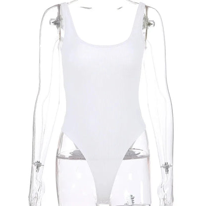 White Strappy Bodysuit Sexy Backless Ribbed Bodysuit Romper String Femme Sexy Sleeveless Tank Top Gloved Bodysuit Body Female