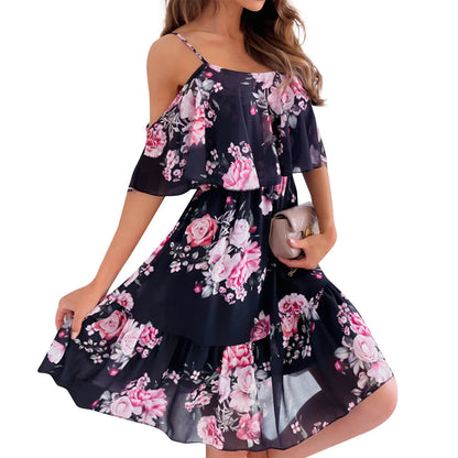 Women'S Spring/Summer New 2024 European And American Chiffon Printing Sexy Off Shoulder Strap Large Swing Ruffle Edge Dress
