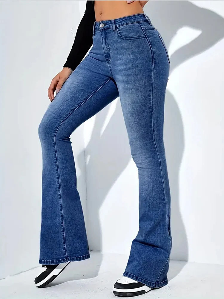 Women Flare Stretch Moustache Jeans Fashion Skinny Bell Bottom High Waist Gray Denim Pants Lady Classic Y2K Punk Long Trousers