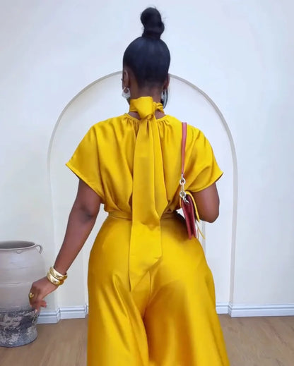 CM.YAYA Women's Set satin Short Sleeve Turtleneck Shirt+wide Leg Pants 2024 Fall Streetwear OL Two 2Piece Sets Outfits Tracksuit