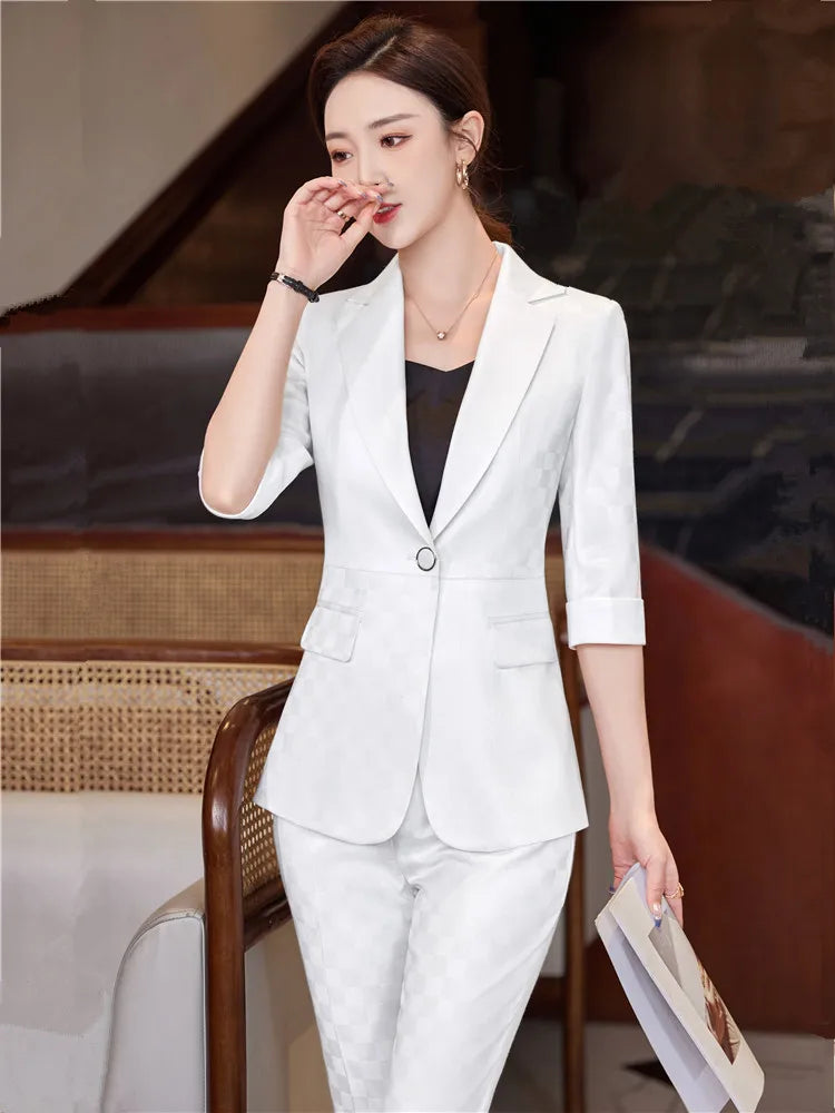 Summer Pants Sets For Women 2 Piece Set Half Sleeve Blazer &Trousers Suit Gray White Hight Quality Chic Elegant Business Outfit