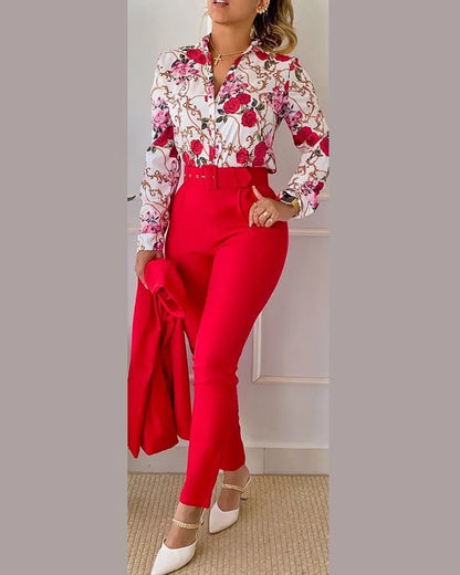 Women's Elegant Autumn/Winter Printed V-Neck Long Sleeve Button Shirt Top Fashion Solid Color Long Pants 2 Piece Set With Belt