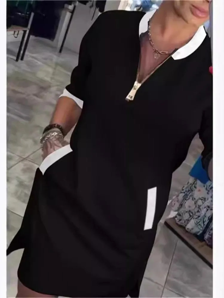 Spring Elegant Women's Dress Autumn Long Sleeve Zipper O Neck Fashion Dress For Women 2025 Casual Loose Dresses Female