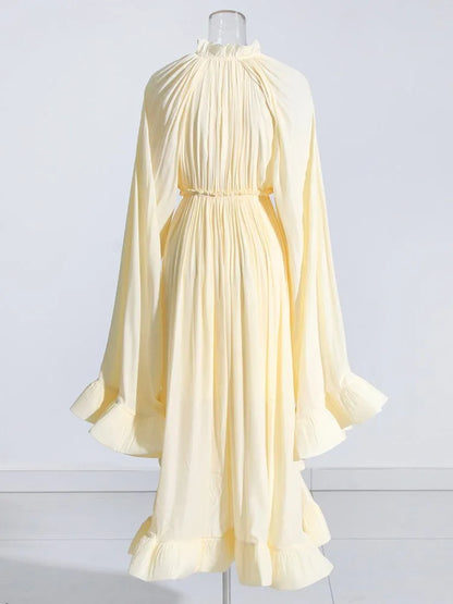 TWOTWINSTYLE Elegant Solid Dresses For Women V Neck Cloak Sleeves High Waist Spliced Lace Up Ruffles Pleated Dress Female Summer