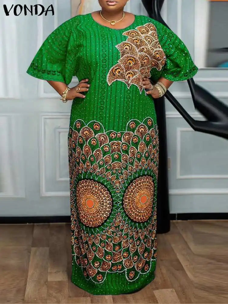 VONDA Women Evening Dresses 2024 Bohemian Round Neck Flare Sleeve Vintage Style Maxi Dress Party African Ethnic Long Vestidos