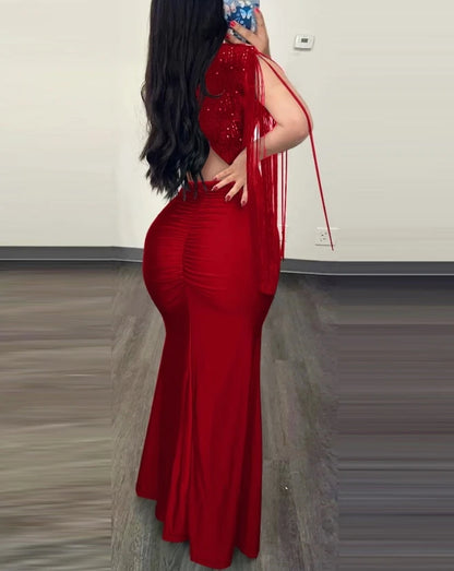 Womens Dresses 2024 Summer Fashion Contrast Sequin Ruched Slit Tassel Design Sexy Plunge Short Sleeve Skinny Maxi Evening Dress