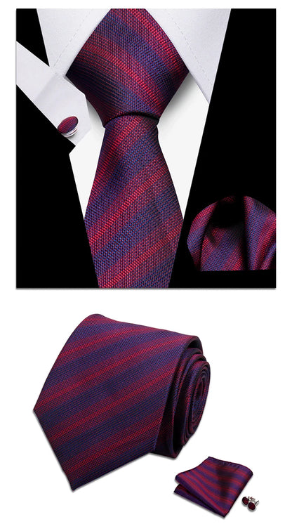 Classic Elegant Ties For Men Fashion Gifts Striped Solid Necktie Handchief Cufflink 3 Pcs Set Wedding Business Suit Accessories