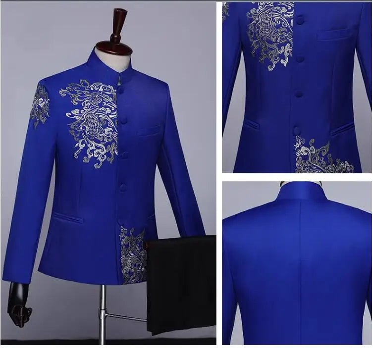 New Men Standing Collar Embroidered Suit 2 Piece Fashion Male Business Social Wedding Prom Stage Performance Dress Blazer Pant