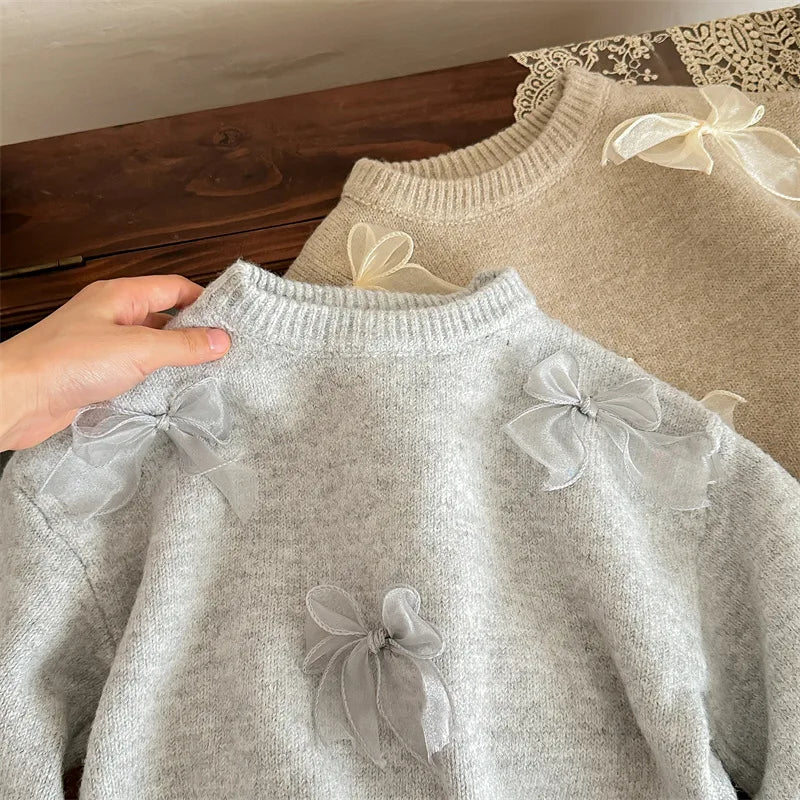 Korean Style Children Clothing Autumn New Girl Baby Toddler Solid Bow Sweaters Winter Fashion Sweet Kid Princess Knitted Sweater