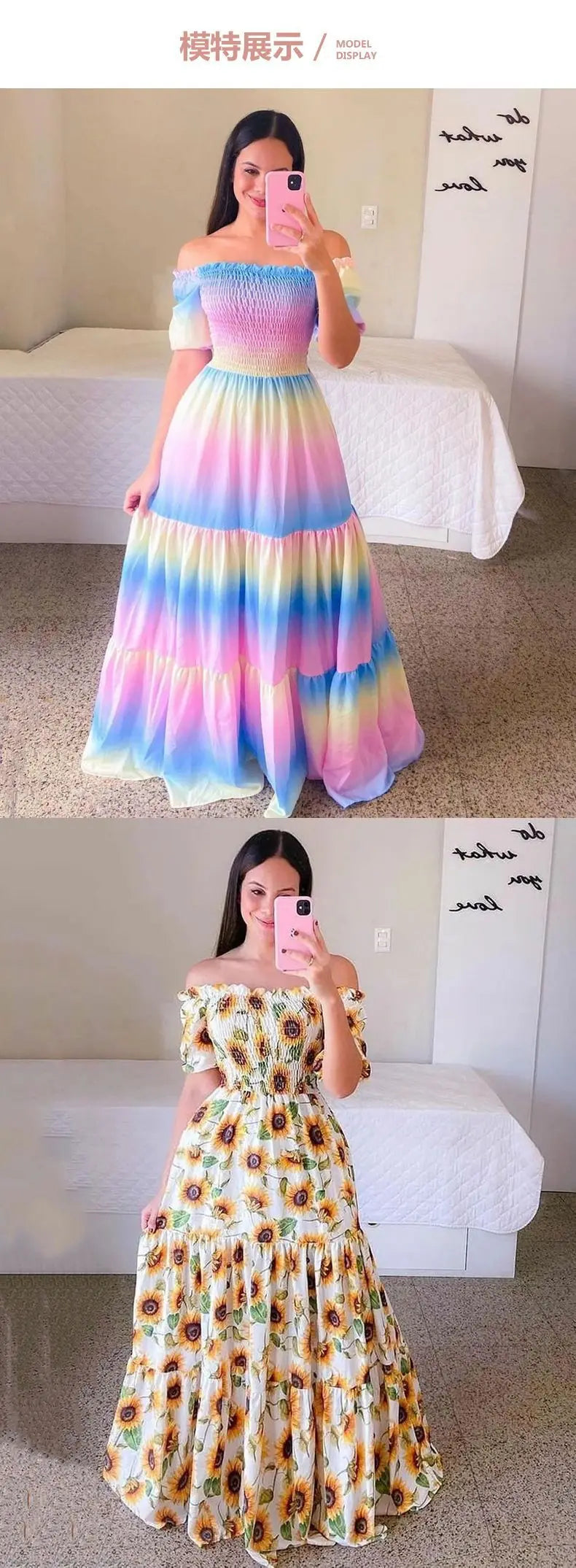 Spring Summer Sexy Off Shoulder Maxi Dress Woman Fashion Flower Print Short Sleeve Dresses For Women 2023 Elegant Party Robe