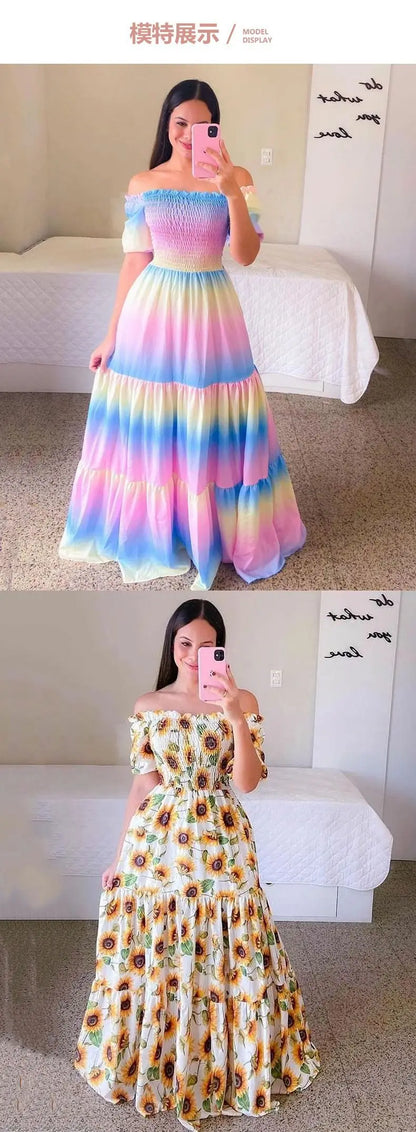 Spring Summer Sexy Off Shoulder Maxi Dress Woman Fashion Flower Print Short Sleeve Dresses For Women 2023 Elegant Party Robe