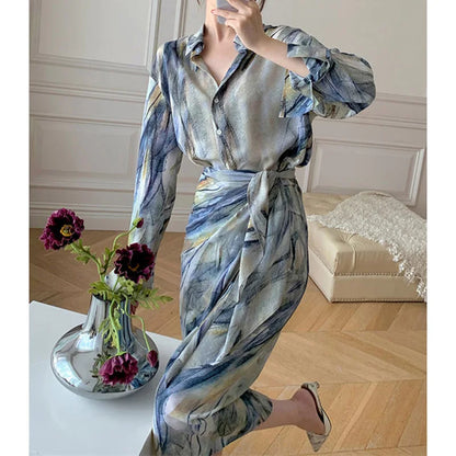 Spring Autumn New Fashion Dress Sets Women Turn-down Collar Long Sleeve Button Printing Shirt Lacing Mid-length A-line Skirt