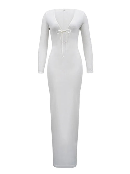 Tossy V-Neck High Waist Slim Maxi Dress Female Solid Bandage Elegant Fashion Long Sleeve Sexy Party Dress Summer Long Dress 2024