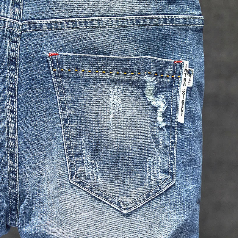 Men Stretch Slim Ripped Jeans Hip Hop Streetwear Korean Vintage Distressed Little Feet Pants Personality Male Trousers