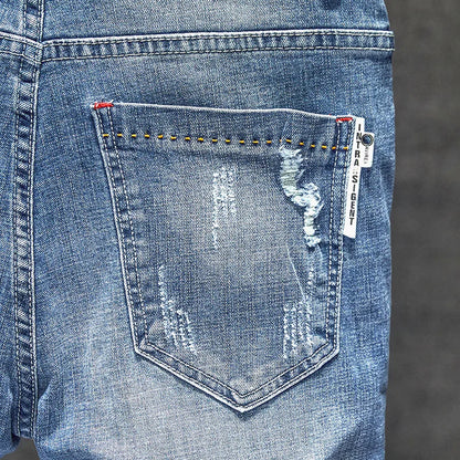 Men Stretch Slim Ripped Jeans Hip Hop Streetwear Korean Vintage Distressed Little Feet Pants Personality Male Trousers