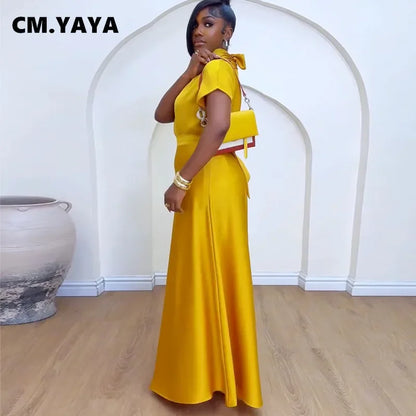 CM.YAYA Women's Set satin Short Sleeve Turtleneck Shirt+wide Leg Pants 2024 Fall Streetwear OL Two 2Piece Sets Outfits Tracksuit