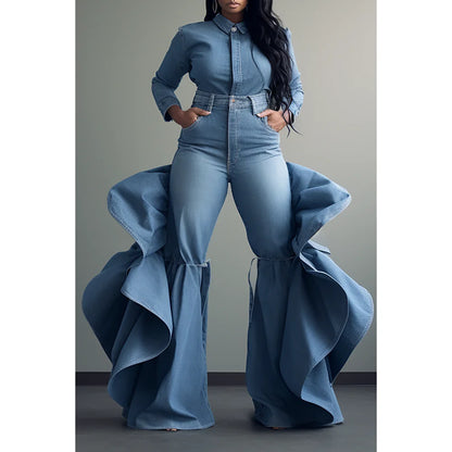 Plus Size Fashionable Women's Blue Jeans High Waist Ruffle Flared Casual Pink Denim Pants Spring Black Skinny Pants