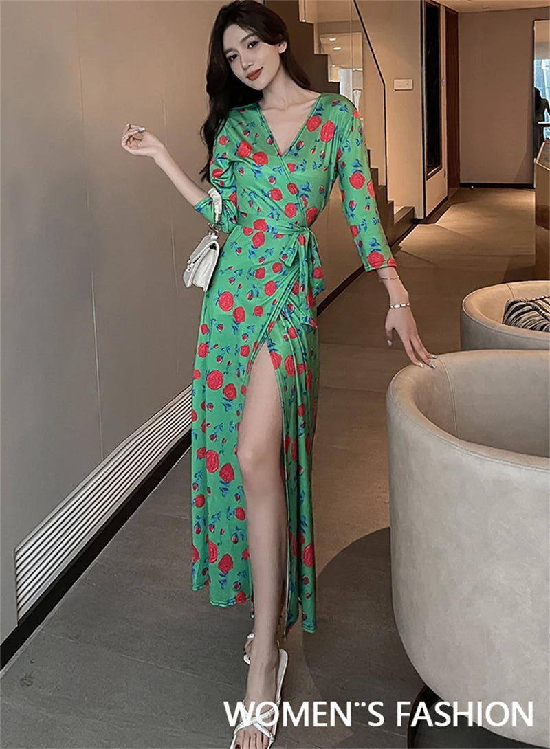 FANIECES Summer Wrap Dresses Women Sexy V Neck Split Maxi Dress Print Female Casual Beachwear Lace Up Party Vestidos Robe платье