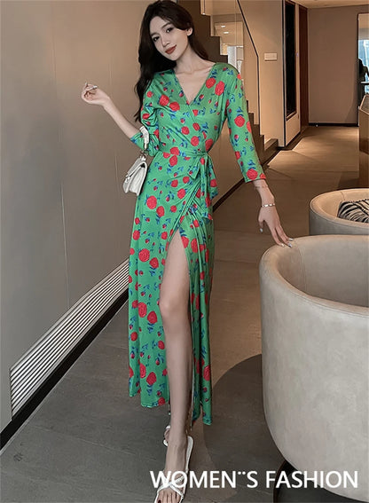 FANIECES Summer Wrap Dresses Women Sexy V Neck Split Maxi Dress Print Female Casual Beachwear Lace Up Party Vestidos Robe платье