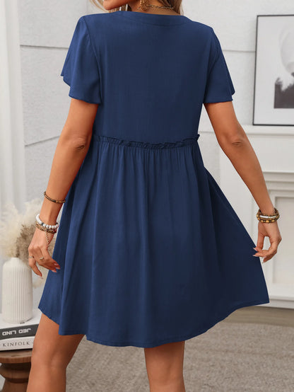 Spring Summer Button Down Dress Flutter Sleeve Cotton Linen A Line Dress With Pockets Beach Summer Knee Length Dresses For Women