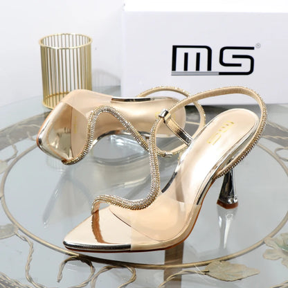 elegant woman heeled shoes sandals in autumn 2023 pointed rhinestones with stiletto heels transparent belts to wear women shoes