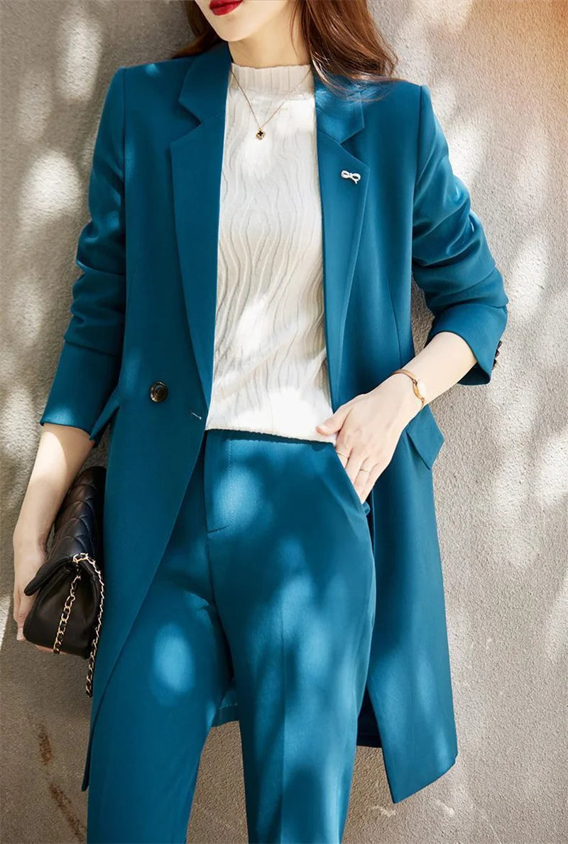 2025 New Blazer Jacket Autumn Winter Casual Long Sleeve Female Suit Coat Mid Long Double Breasted Women Work Wear Jacket