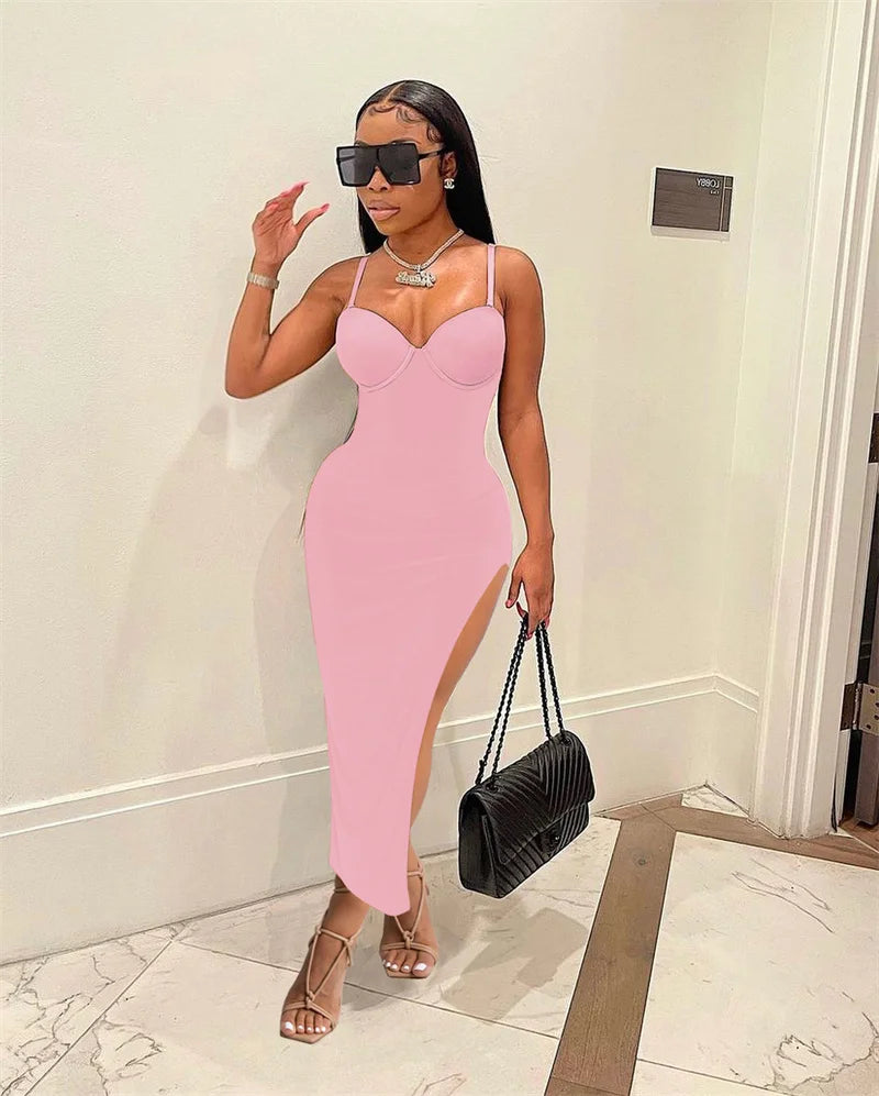 Sexy Side Cut Out Night Party Dresses Women Spaghetti Strap V-neck Backless Slim Bodycon Maxi Dress Elegant Birthday Prom Dress