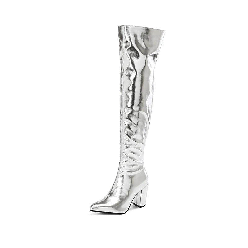 Winter Plus Size 40-45 Sexy Thigh High Boots Long Over Knee Gold Silver Block High Heel Boot Womens Shoes Pointed Toe Botas 2023