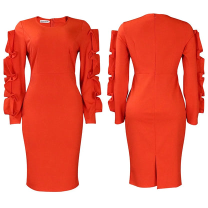 Elegant Office Dresses for Woman 2024 New O Neck Petal Sleeve Sheath Package Hips Mid Calf Formal Business Work Wear Dress Midi