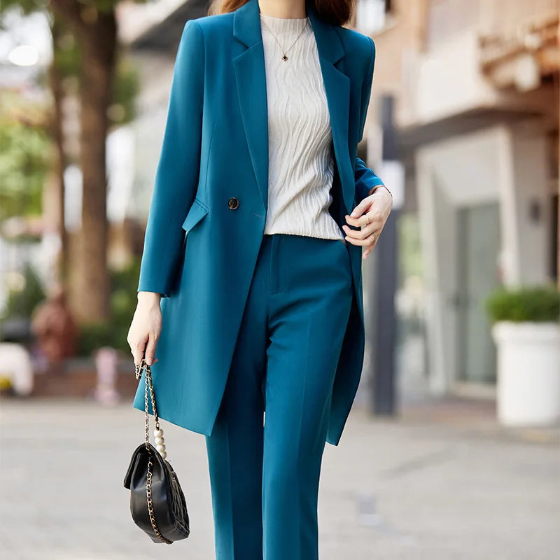 High End Office Professional Women's Blazer Pants 2-Piece Set Fall Fashion Long Female Jacket Over Business Suit Casual Trousers