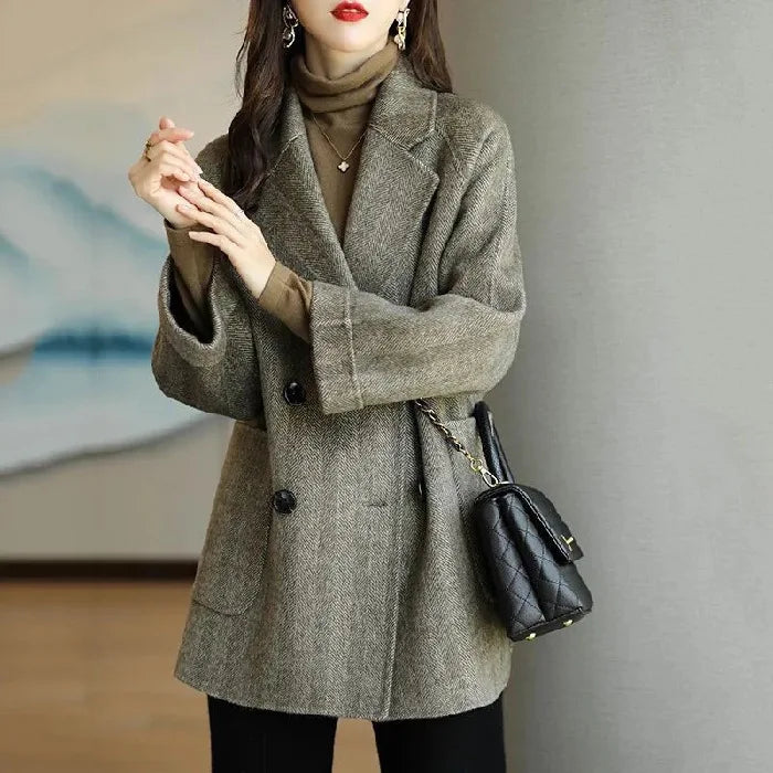 Basics Solid Pockets Coats Women Korean Style Basics Solid Turn-Down Collar Coat Casual Comfortable Loose Wool Autumn Winter
