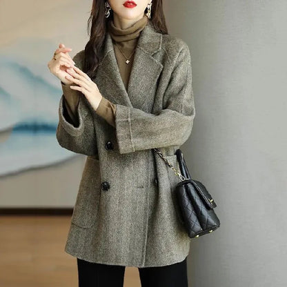Basics Solid Pockets Coats Women Korean Style Basics Solid Turn-Down Collar Coat Casual Comfortable Loose Wool Autumn Winter