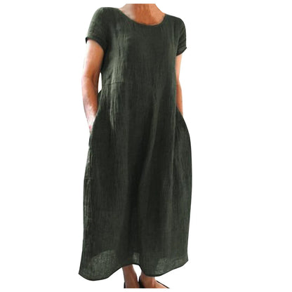 Spring Summer Woman Long Dress Office Lady Fshion Casual Loose Solid O-neck Short Sleeve Dresses For Women 2024 Female Robe
