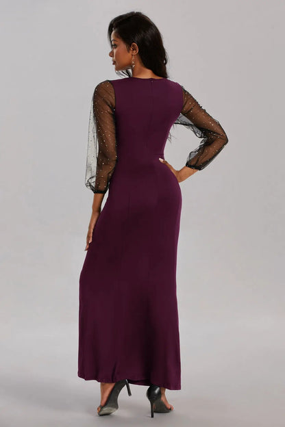 Mesh Patchwork Dress Womens Fashion Round Neck Long Sleeve Slim Elegant Dress Women