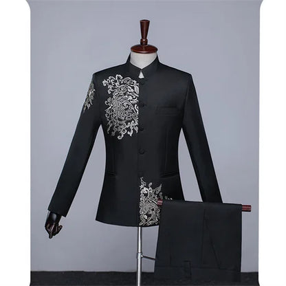 New Men Standing Collar Embroidered Suit 2 Piece Fashion Male Business Social Wedding Prom Stage Performance Dress Blazer Pant