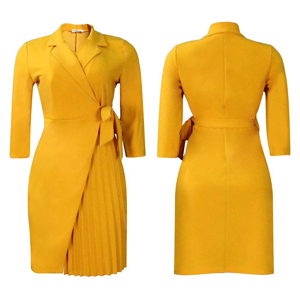 FairyShely 2025 Summer Solid Plus Size Folds Dress Women Long Sleeve Large Big Dresses Lady Belt Party Tight Curvy Short Dress