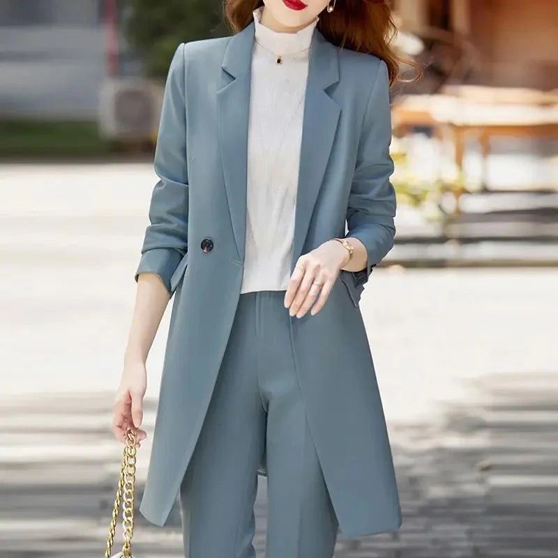 2025 New Blazer Jacket Autumn Winter Casual Long Sleeve Female Suit Coat Mid Long Double Breasted Women Work Wear Jacket