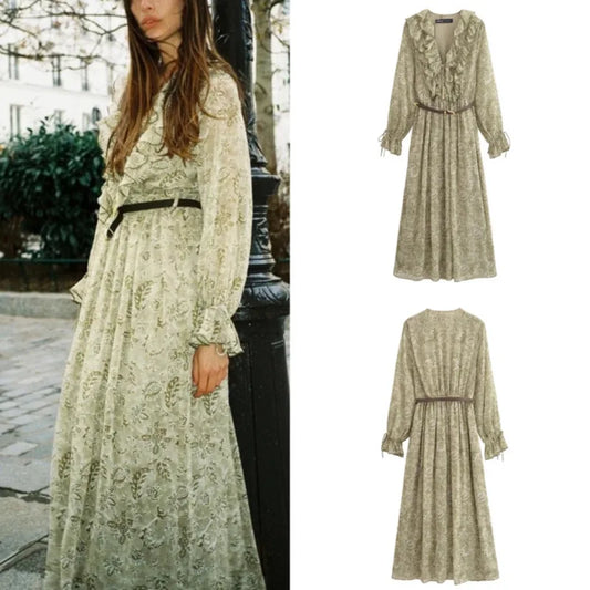 2025 New Spring Womens Dress Flower Printed Long Dresses For Women Long Sleeve Belt Midi Dress Ladies Elegant Party Dresses