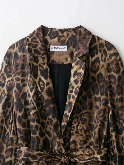 KONDALA Vintage Leopard Print Women Suits V Neck Sashes Long Sleeve Oversized Blazer+Wide Leg Pants Fashion 2025 Autumn Suits