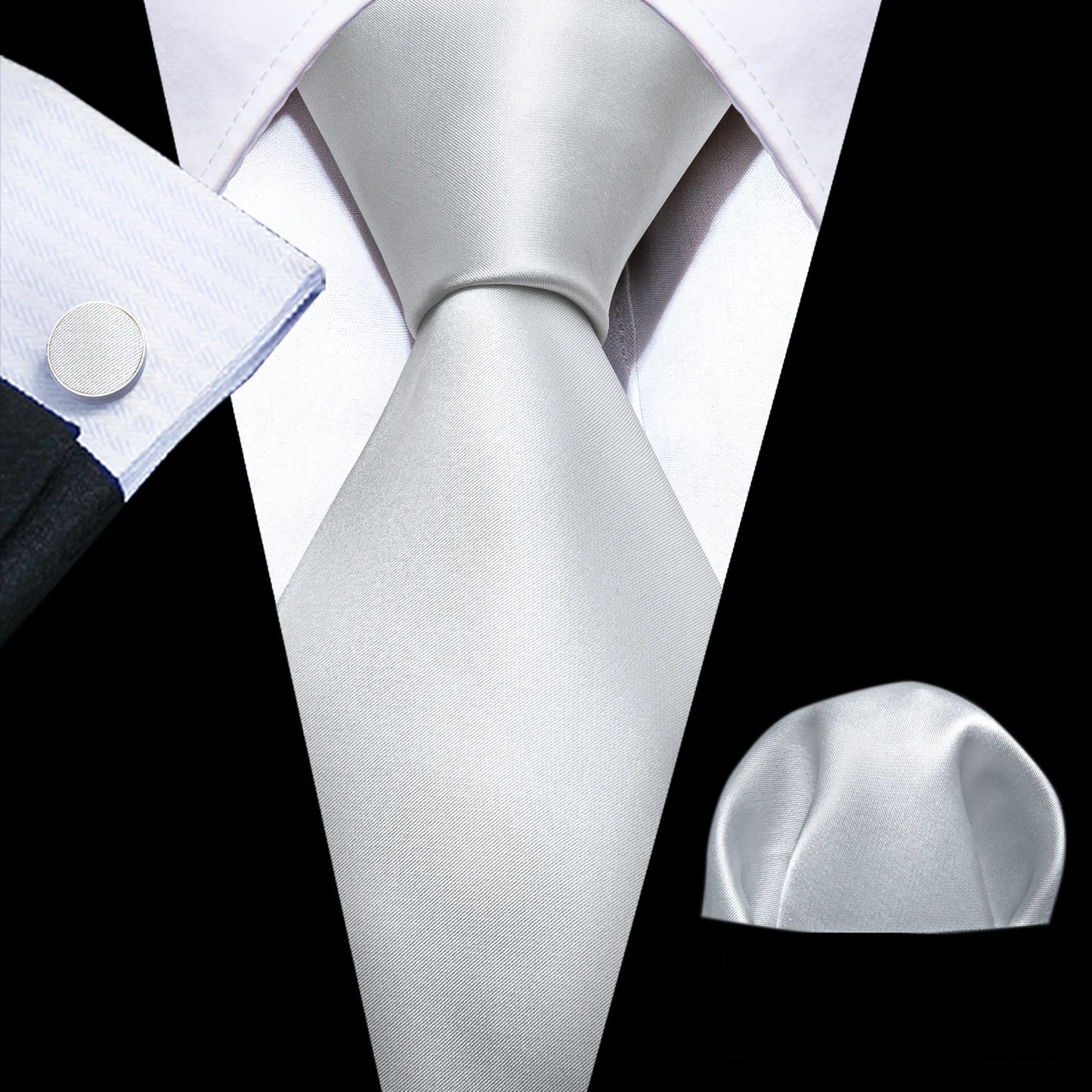 Barry.Wang Black White Gray Silver Silk Men Tie Handkerchief Cufflinks Set Jacquard Necktie for Male Wedding Business Party Gift