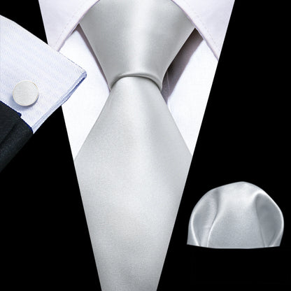 Barry.Wang Black White Gray Silver Silk Men Tie Handkerchief Cufflinks Set Jacquard Necktie for Male Wedding Business Party Gift